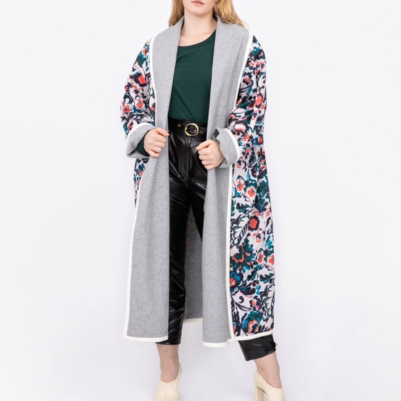 TANYA TAYLOR Cadence Belted Coat Reversible Gray & Floral Plus Sz 1X-3X - Picture 1 of 7